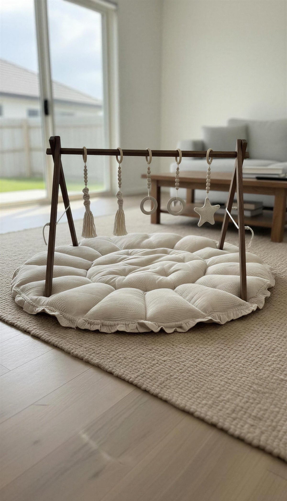 Soft padded luxury play mat with wooden hanging mobile in living room