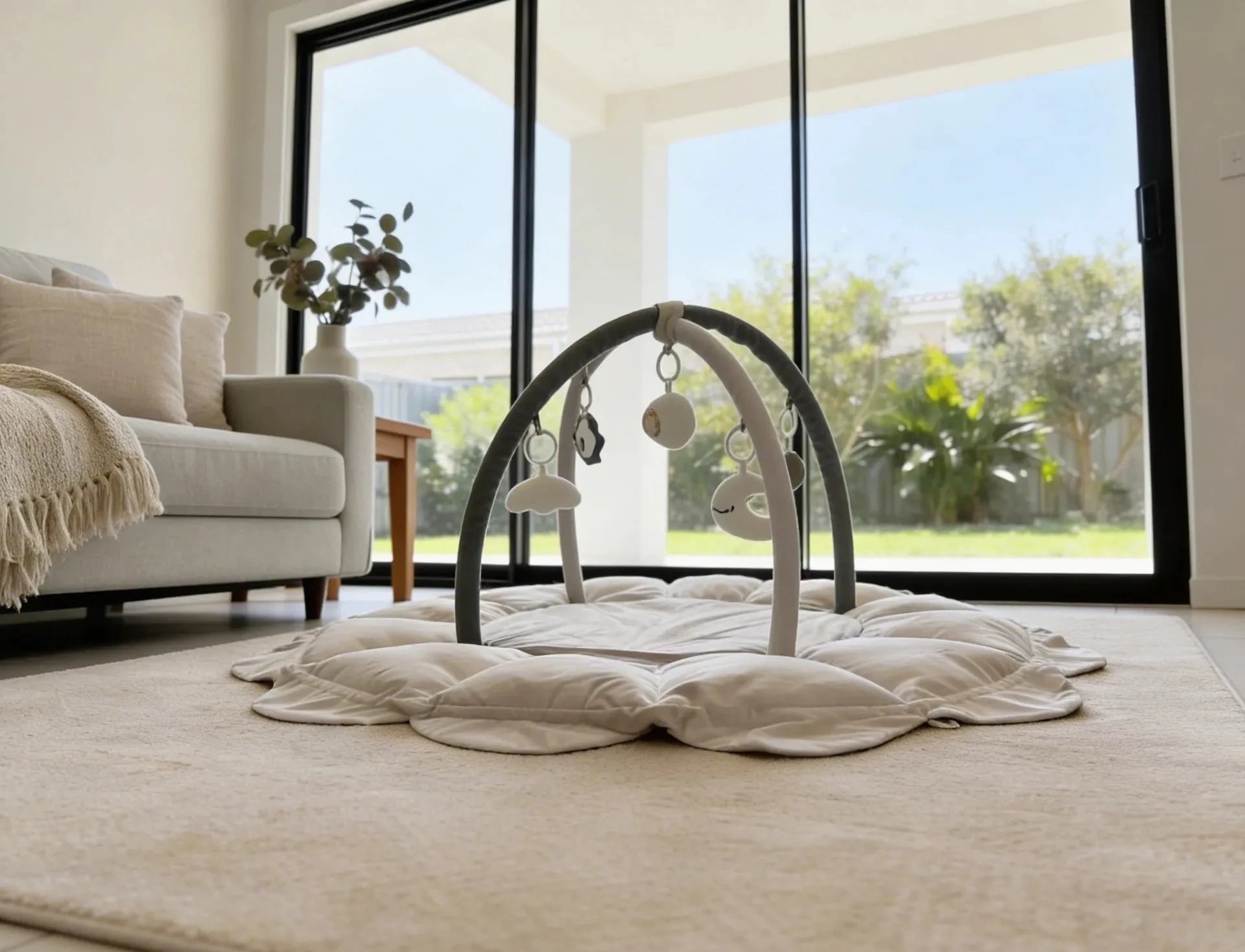 Baby play gym on a rug in a living room with large windows