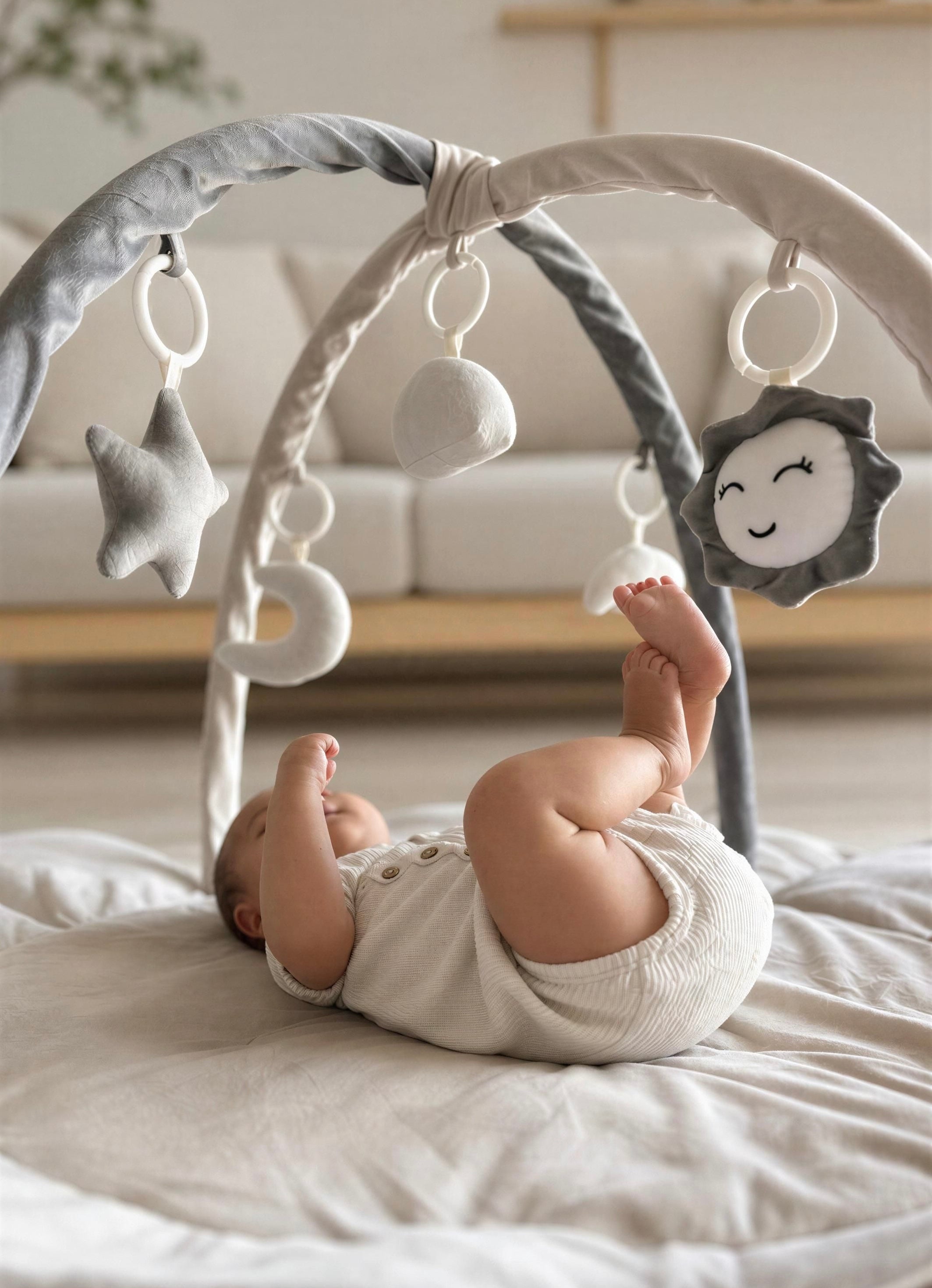 Baby playing with the toy mobile on a Novi Lumee Play gym