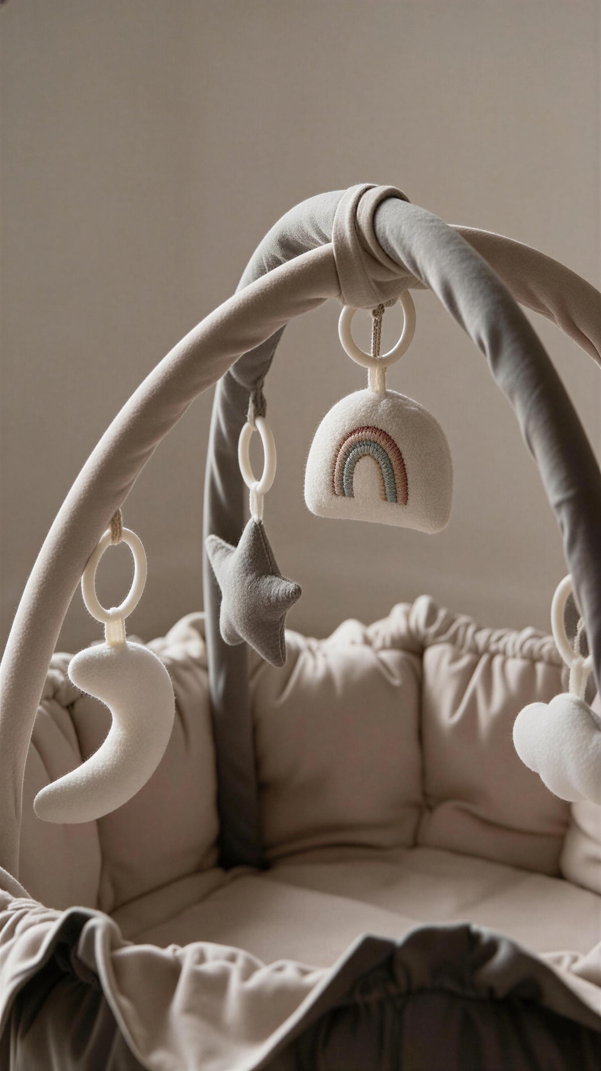 Soft hanging toys and interactive arches help support development.