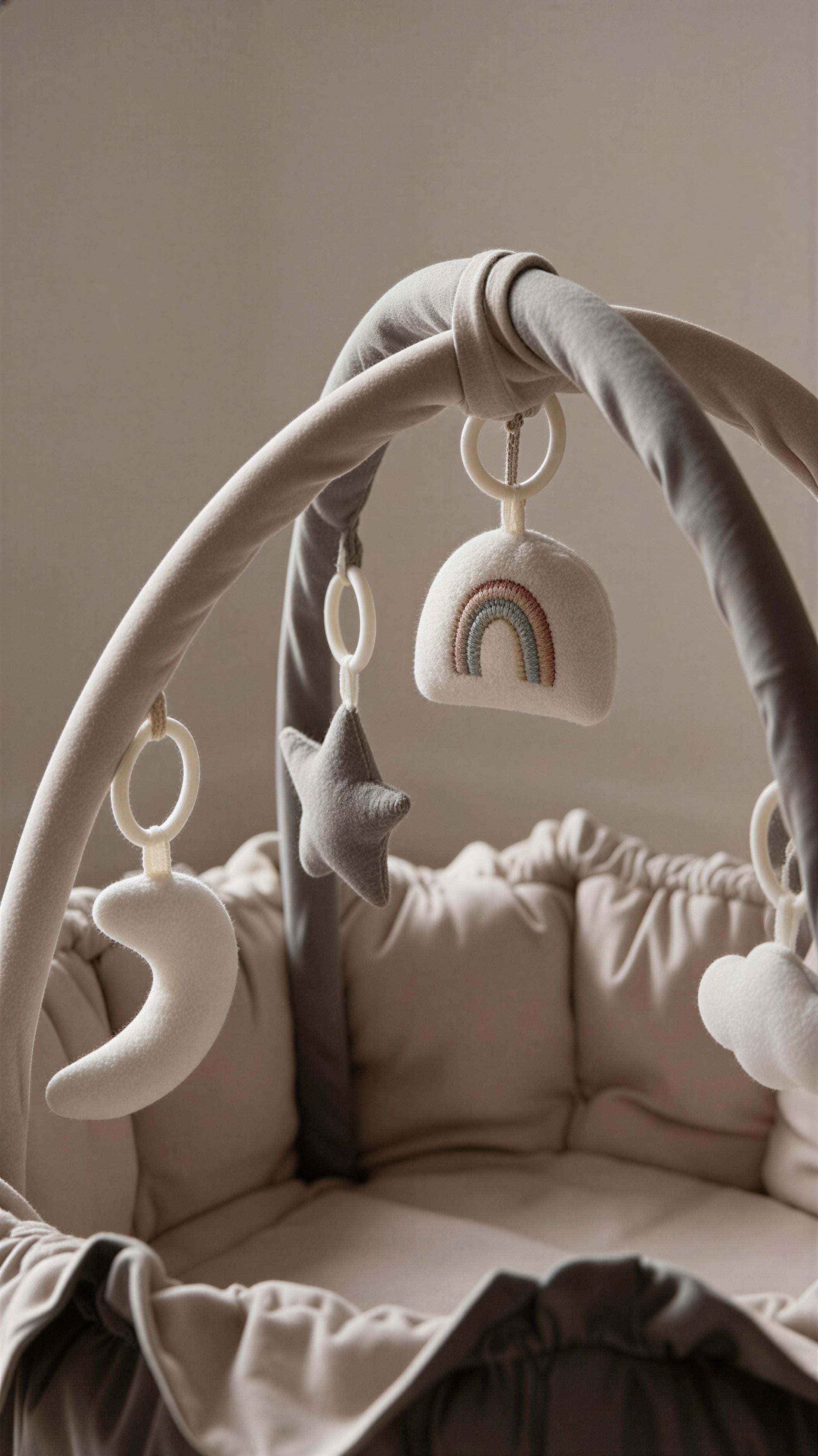 Close up of toy mobile on baby play gym