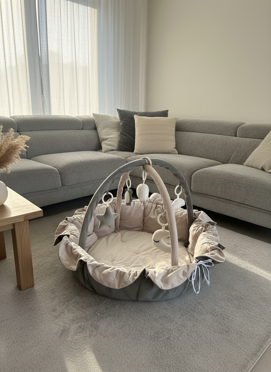 Baby play gym with hanging toys on a carpeted floor in a living room.