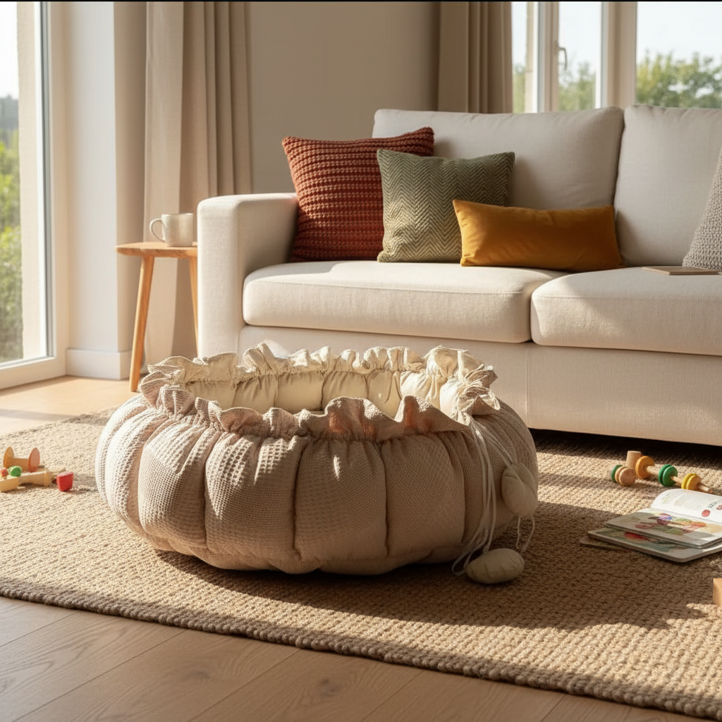 soft pink Lumee Sylvie play mat in an every day living room