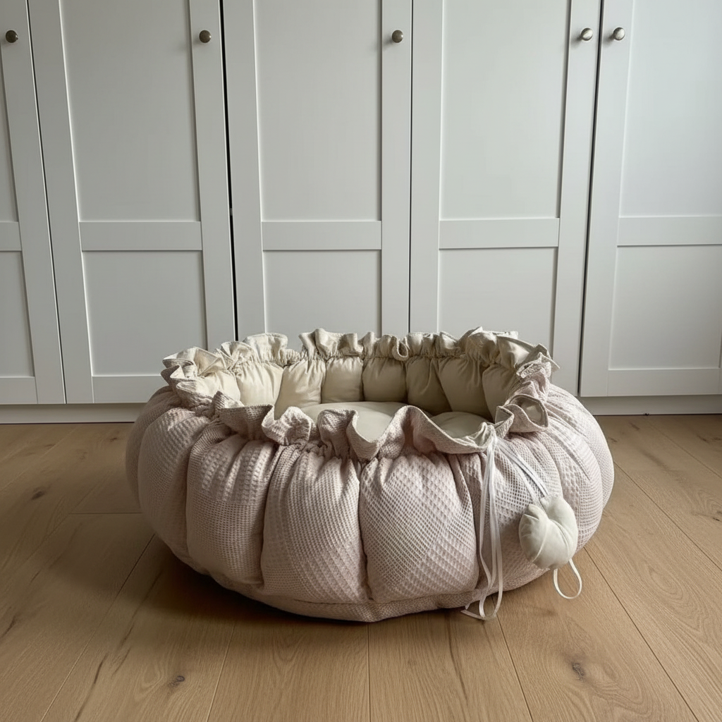 Soft pink and beige padded Lumee Sylvie play mat on hardwood floor