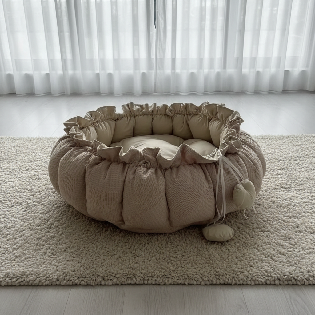 Pink and beige luxury babe play mat in a minimalist living room