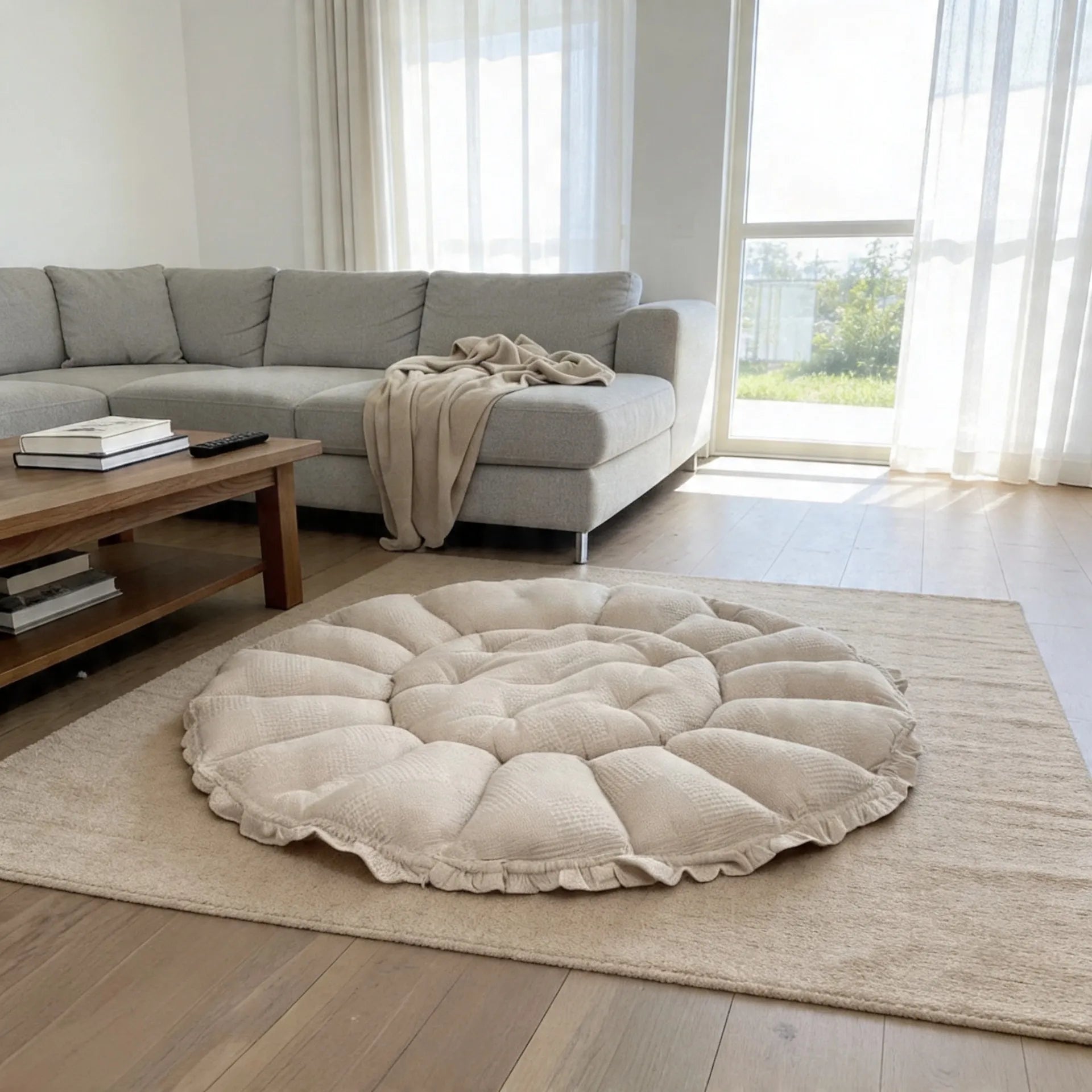 Soft and padded Lumee Sylvie baby play mat in a living room